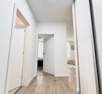 Ein Flur mit hellen Wänden und einem Boden in Holzoptik, der zu den Räumen einer Zweizimmerwohnung führt.