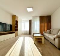 Wohnzimmer mit Sofa, Fernseher, Tisch und Holzboden in einer 2-Zimmer-Wohnung.