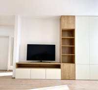 Wohnzimmer in einer 2-Zimmer-Wohnung mit Fernseher und Möbeln in Holzoptik.