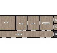 Der Grundriss des Einfamilienhauses zeigt drei Zimmer, eine Küche und ein Badezimmer mit einer Speisekammer.