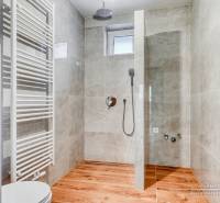 Duschkabine im Einfamilienhaus mit Boden in Holzoptik und hellen Fliesen.