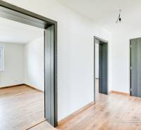 Einfamilienhaus mit Holzboden, Türen und weißen Wänden.