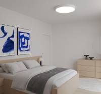 Helles Schlafzimmer in einer 2-Zimmer-Wohnung mit Holzboden-Dekor und Bildern an der Wand.