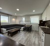 Wohnzimmer mit Küche, heller Boden, graues Sofa, Esstisch in einer 3-Zimmer-Wohnung.