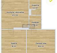 Grundriss einer 3-Zimmer-Wohnung mit Bezeichnung der Räume: Küche, Wohnzimmer, Schlafzimmer, Kinderzimmer, Badezimmer.