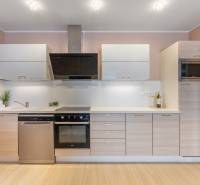 Eine Küche in einem Einfamilienhaus mit Küchenzeile, Einbaugeräten und einem Boden in Holzoptik.