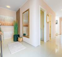 Ein heller Eingangsbereich in einem Einfamilienhaus mit Spiegel, Bild und dekorativen Pflanzen.