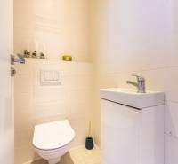 Badezimmer mit Waschbecken und Toilette in einem Einfamilienhaus, helle Fliesen, Dekorationen.