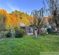 Herbstgarten bei der Hütte in Sološnica mit Schaukel und Bäumen unter blauem Himmel.