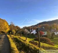 Häuser in herbstlichem Sološnica, umgeben von Wäldern und eine von der Sonne beleuchtete Straße.