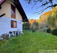 Das Äußere der Hütte in Sološnica, umgeben von grünem Rasen und Bäumen.