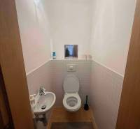 WC in einer 3-Zimmer-Wohnung mit Sanitäranlagen, Waschbecken und Fliesen.