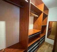 Ein Kleiderschrank aus Holz mit Regalen und Spiegel in einer 3-Zimmer-Wohnung.