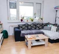 Wohnzimmer mit Sofa, Couchtisch und Holzboden in einer Zweizimmerwohnung.