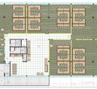 Grundriss der Büros mit Anordnung der Arbeitsplätze und der Entspannungszone.
