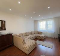 Wohnzimmer mit großem Sofa, Holzboden und antiken Möbeln.