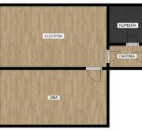 Grundriss einer 1-Zimmer-Wohnung mit Küche, Badezimmer und Holzboden-Dekor.