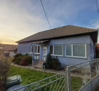 Ein Einfamilienhaus in Dlhá Ves, blaue Fassade, Schrägdach, Vorgarten, Metallzaun.