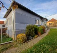 Ein Einfamilienhaus in Dlhá Ves, ein Garten mit Sträuchern, ein gepflasterter Weg zum Eingang.