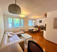 Obývačka in einer 3-Zimmer-Wohnung mit Sofa, Tisch und Essecke.