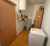 Waschküche in einer 3-Zimmer-Wohnung mit Boiler und Boden in Holzoptik.