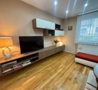 Wohnzimmer in einer Einzimmerwohnung mit TV-Schrank und Boden in Holzoptik.