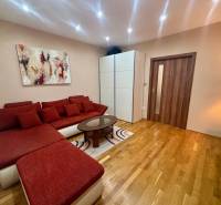 Einzimmerwohnung mit rotem Sofa, Kunst an der Wand und Holzboden.