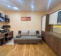 Einzimmerwohnung mit Holzboden, grauem Sofa und Schreibtisch.