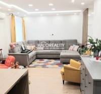 Wohnzimmer in einer 3-Zimmer-Wohnung mit Holzboden, grauem Sofa und gelbem Sessel.