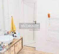 Badezimmer mit Holzboden, Waschbecken auf der Arbeitsplatte und weißen Wänden in einer 3-Zimmer-Wohnung.