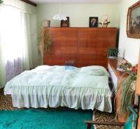 Schlafzimmer in einem Einfamilienhaus mit Holzmöbeln, grünem Teppich und Pflanzen.