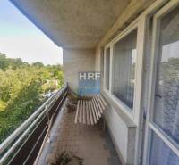 Balkon eines Einfamilienhauses mit einer Holzbank, einer Pflanze und Blick auf den Garten in Radošovce.