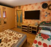 Schlafzimmer mit Blumen-Tapete, Schrank, Bett und Holzboden in einer 2-Zimmer-Wohnung.