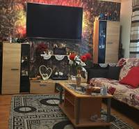 Wohnzimmer in einer 2-Zimmer-Wohnung mit dekorativen Elementen und einem Boden in Holzoptik.