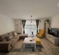 Wohnzimmer in einem Einfamilienhaus mit Sofa, Sessel, Fernseher und Blumen.