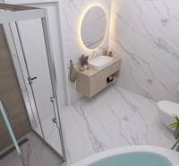 Badezimmer mit rechteckigem Spiegel, Duschkabine aus Glas und Toilette, Boden mit Holzdekor.