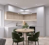 Küche in einem Einfamilienhaus, mit Marmorverkleidung, grünen Stühlen und einem Boden in Holzoptik.