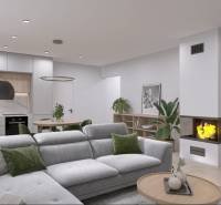 Wohnzimmer mit Ecksofa und Kamin in einem Einfamilienhaus mit Holzboden.