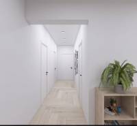 Flur in einem Einfamilienhaus mit Regalen, Pflanze und Boden in Holzoptik.