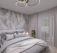 Schlafzimmer mit Holzboden, Pflanze und Vorhängen in einem Einfamilienhaus.