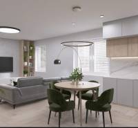 Wohnzimmer in einem Einfamilienhaus mit Küche, Sesseln und einem Boden in Holzoptik.