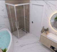 Badezimmer in einem Einfamilienhaus mit Badewanne, Dusche und Waschbecken auf einer weißen Platte.