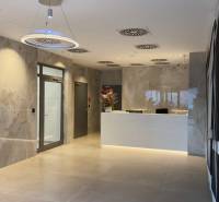 Eingangshalle mit Briefkästen und Rezeption. Leuchten und Blumen auf den Theken.