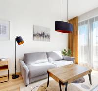 Wohnzimmer in einer 2-Zimmer-Wohnung mit Sofa, Lampe und Holzboden.