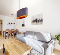 Wohnzimmer in einer 2-Zimmer-Wohnung mit Sofa und Esstisch, Boden mit Holzdekor.