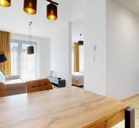 Innenraum einer 2-Zimmer-Wohnung mit Sofa, Esstisch und Küche, Boden mit Holzdekor.