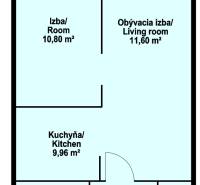 Grundriss einer 2-Zimmer-Wohnung: Wohnzimmer, Küche, Zimmer, Badezimmer, WC, Balkon.
