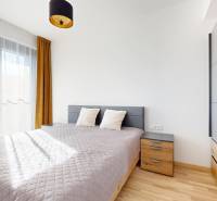 Schlafzimmer in einer 2-Zimmer-Wohnung mit Holzboden, Doppelbett und Kleiderschrank.