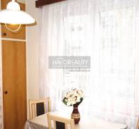 Küche in einer 3-Zimmer-Wohnung mit einem Kühlschrank und einem Tisch, auf dem Blumen in einer Vase stehen.