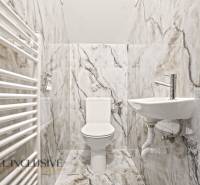 Toilette und Waschbecken im Einfamilienhaus mit grauen Marmorkacheln verkleidet.